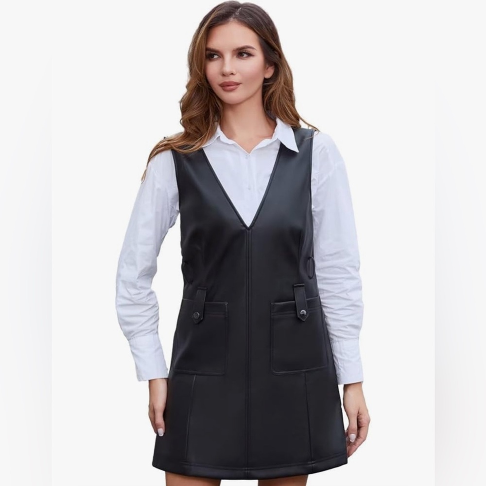 NEW V Neck Sleeveless Vegan Leather Pinafore Overall Pockets Mini Dress L